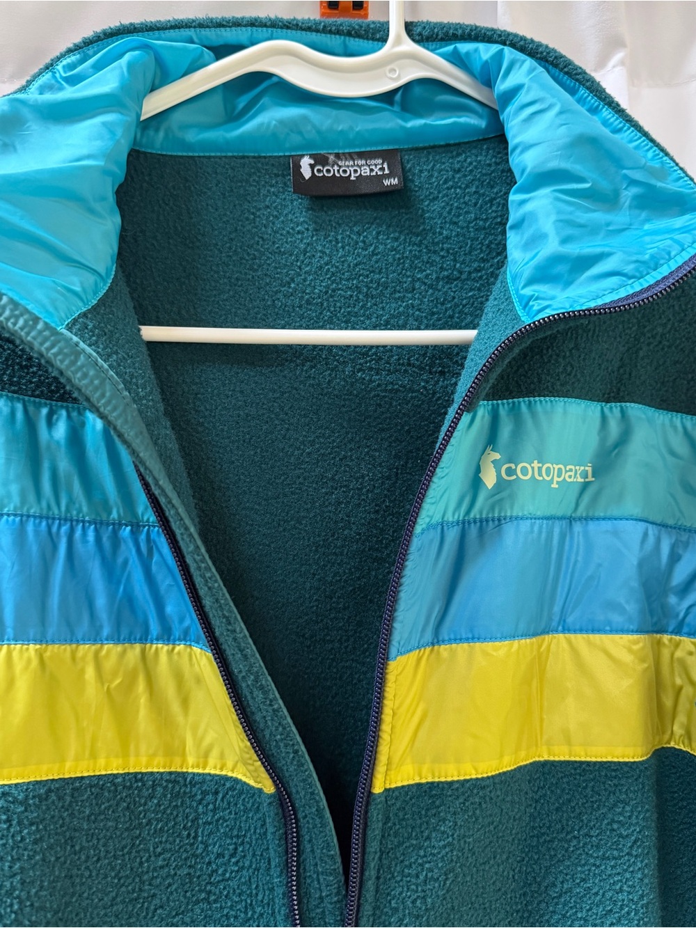Cotopaxi Peacock Green Fleece Jacket with Aqua, Blue, Yellow Stripes, Size M - Picture 3 of 8